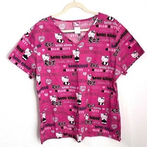 Sanrio Hello Kitty Pink All Over Print Scrub Top V-Neck Medical Uniform L